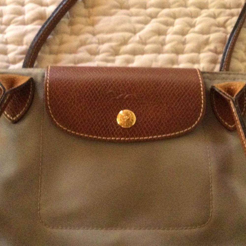 Longchamps Le Pliage tote purse small khaki nylon leather excellent condition